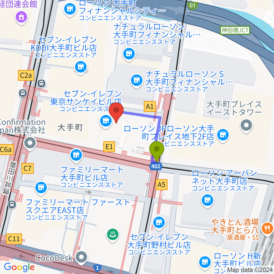 大手町サンケイプラザの最寄駅大手町駅からの徒歩ルート（約2分）地図