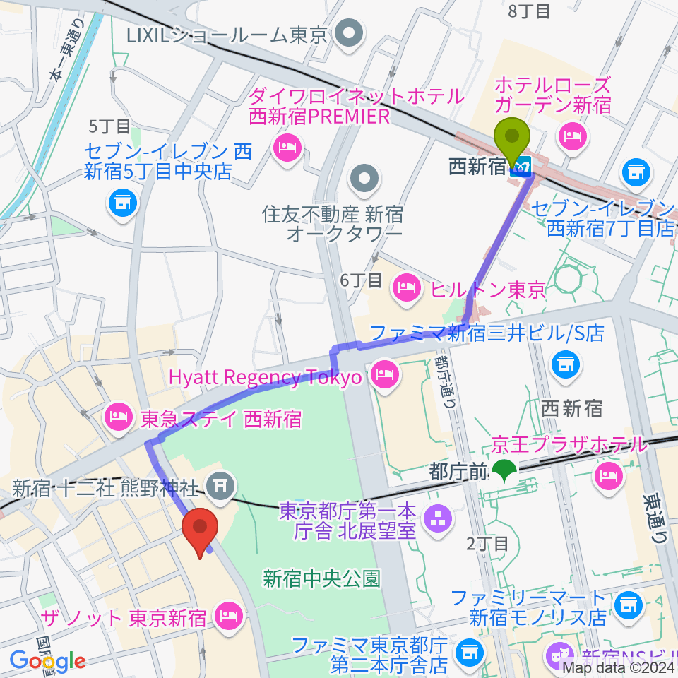 西新宿駅からベルサール西新宿へのルートマップ地図