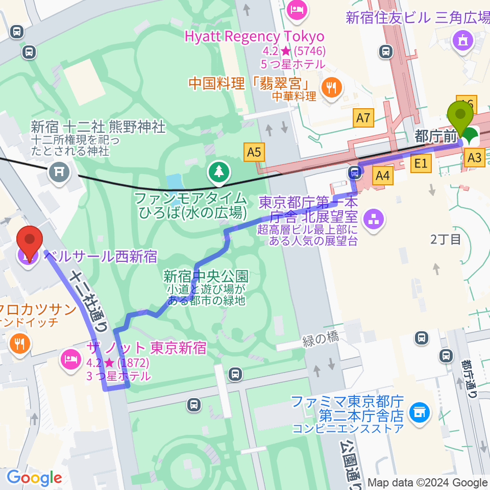 都庁前駅からベルサール西新宿へのルートマップ地図