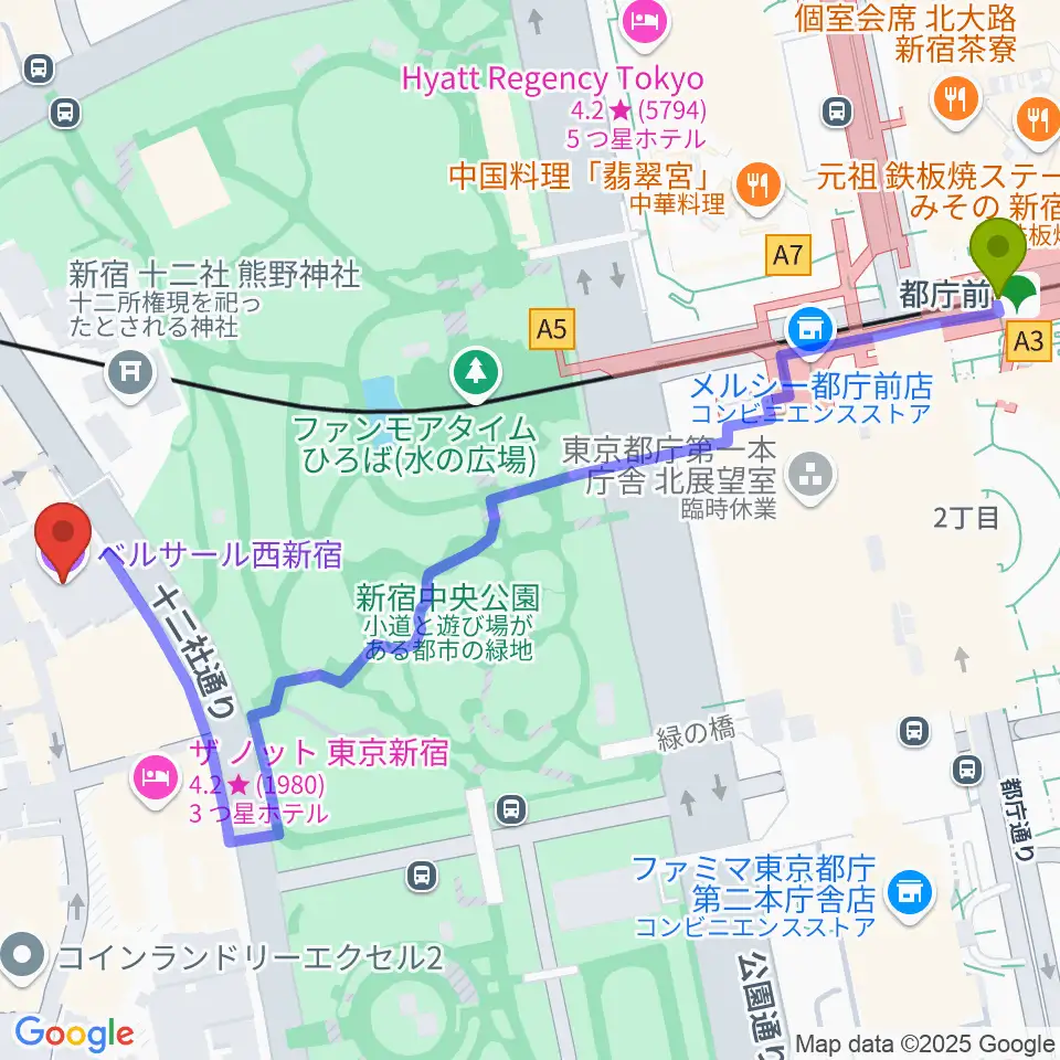 都庁前駅からベルサール西新宿へのルートマップ地図