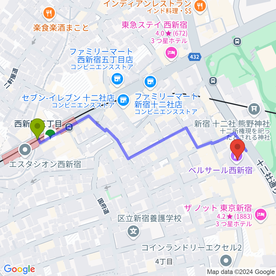 ベルサール西新宿の最寄駅西新宿五丁目駅からの徒歩ルート（約6分）地図