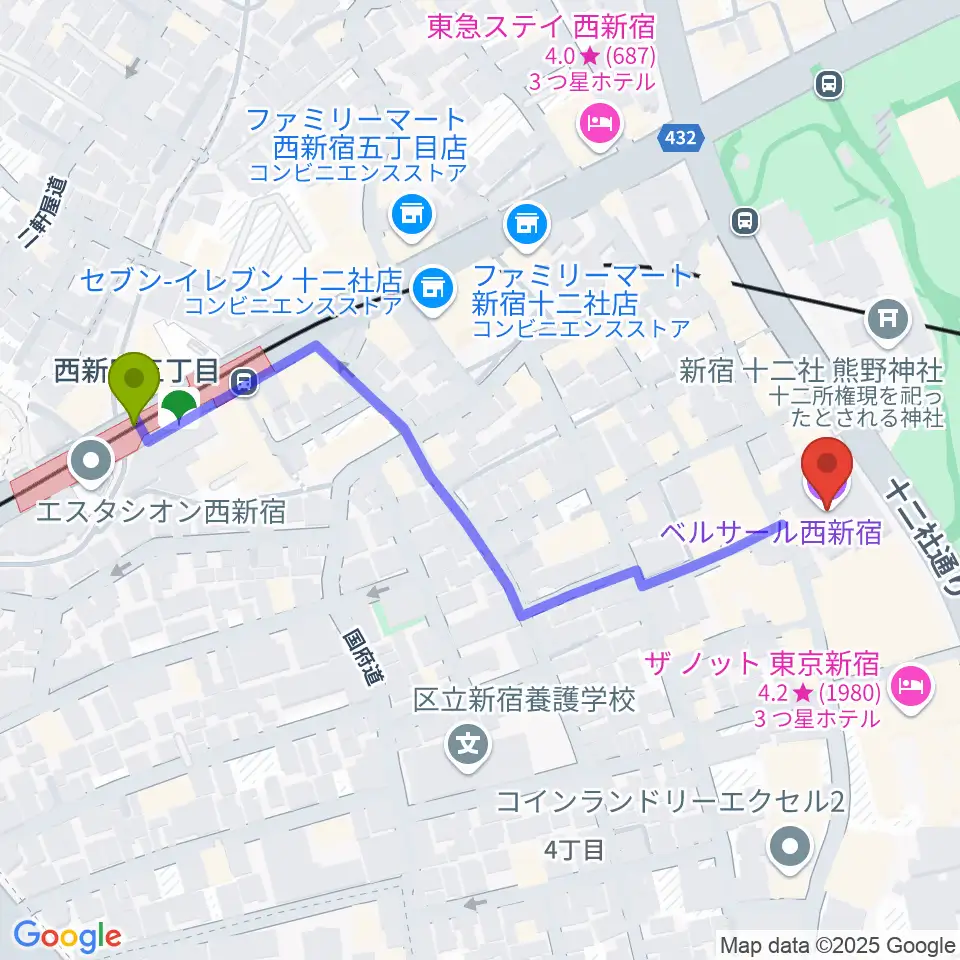 ベルサール西新宿の最寄駅西新宿五丁目駅からの徒歩ルート（約6分）地図