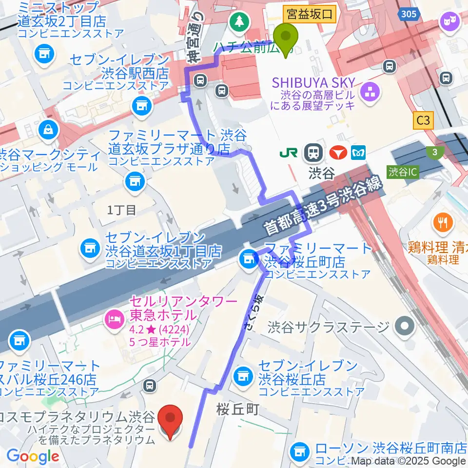 コスモプラネタリウム渋谷の最寄駅渋谷駅からの徒歩ルート（約7分）地図