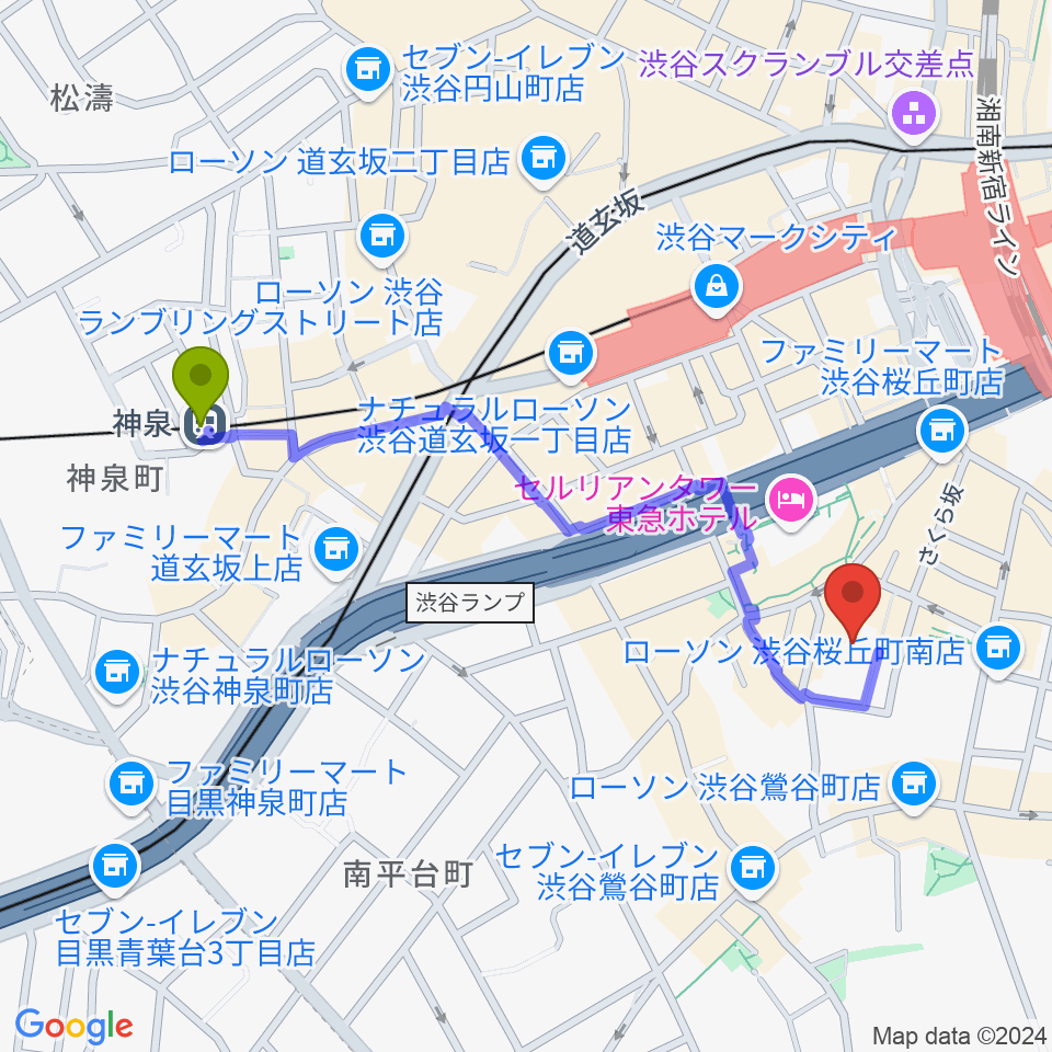 神泉駅からコスモプラネタリウム渋谷へのルートマップ地図