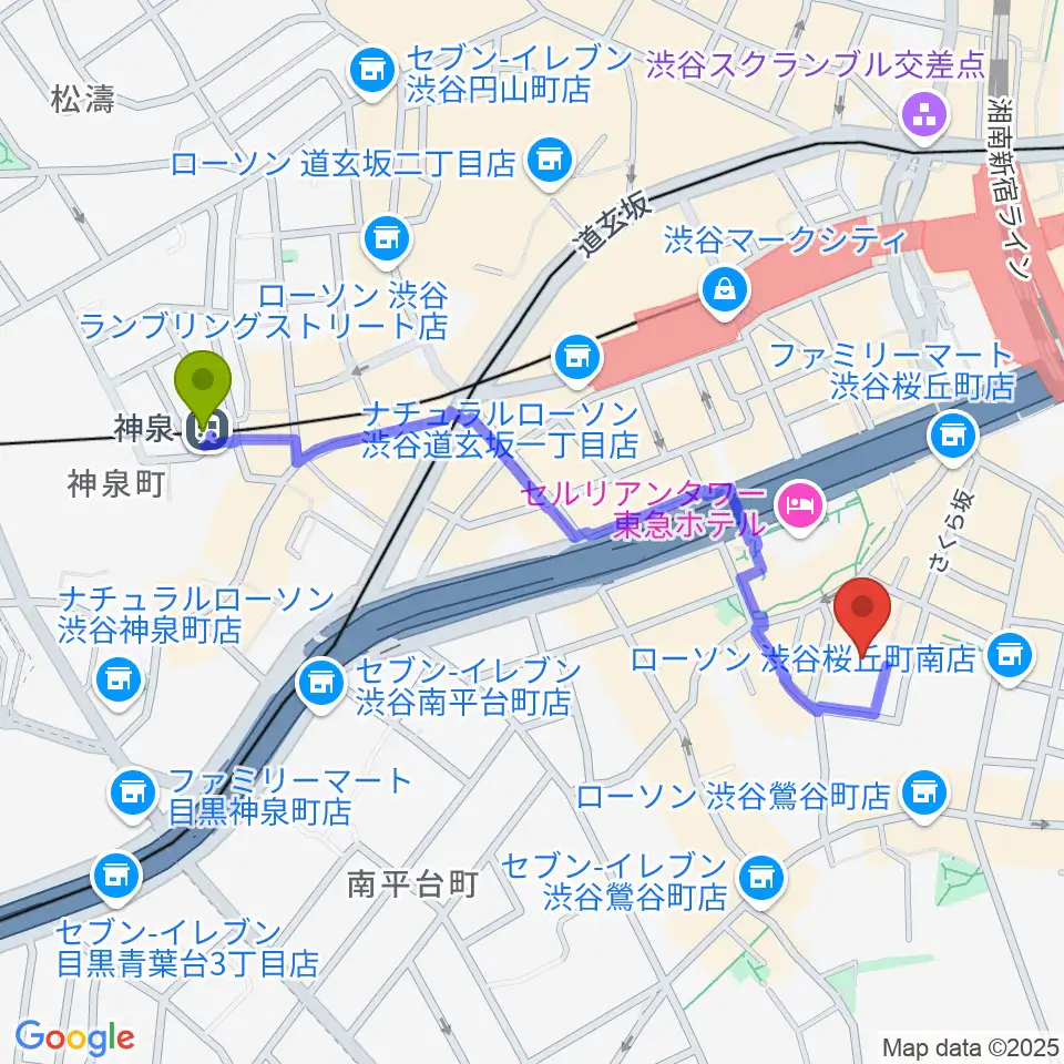 神泉駅からコスモプラネタリウム渋谷へのルートマップ地図