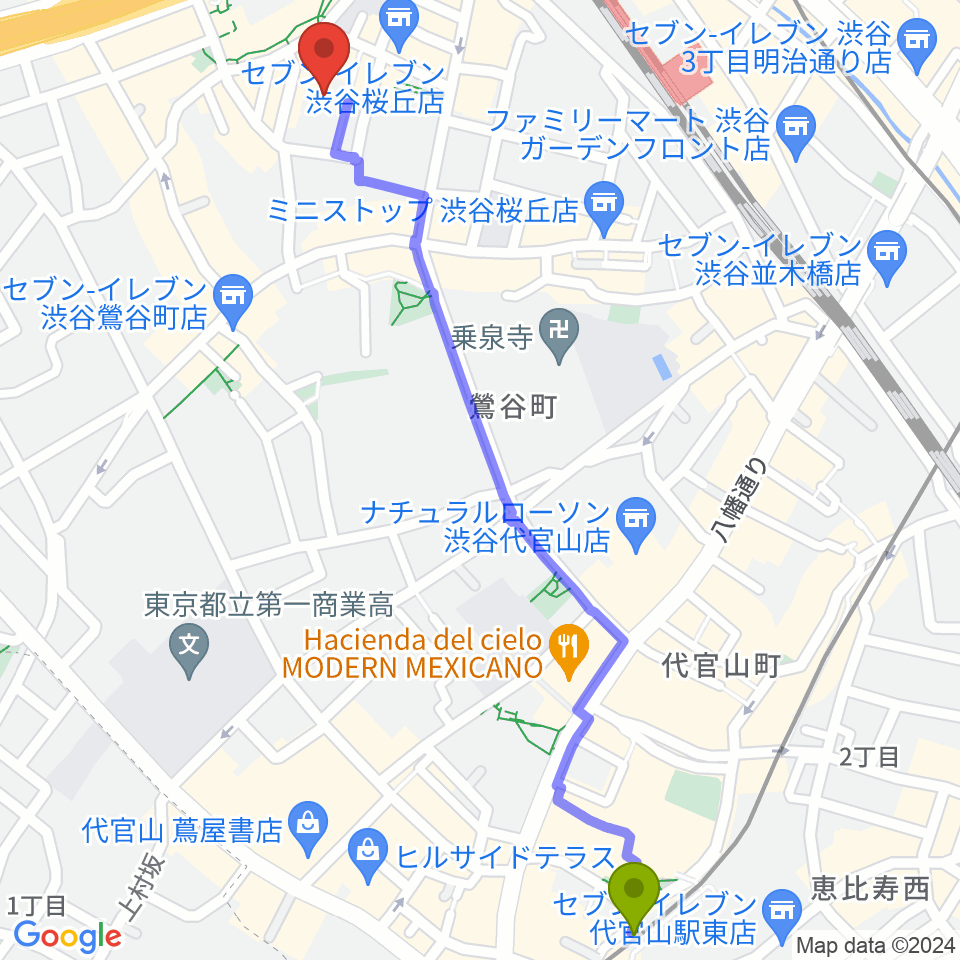 代官山駅からコスモプラネタリウム渋谷へのルートマップ地図