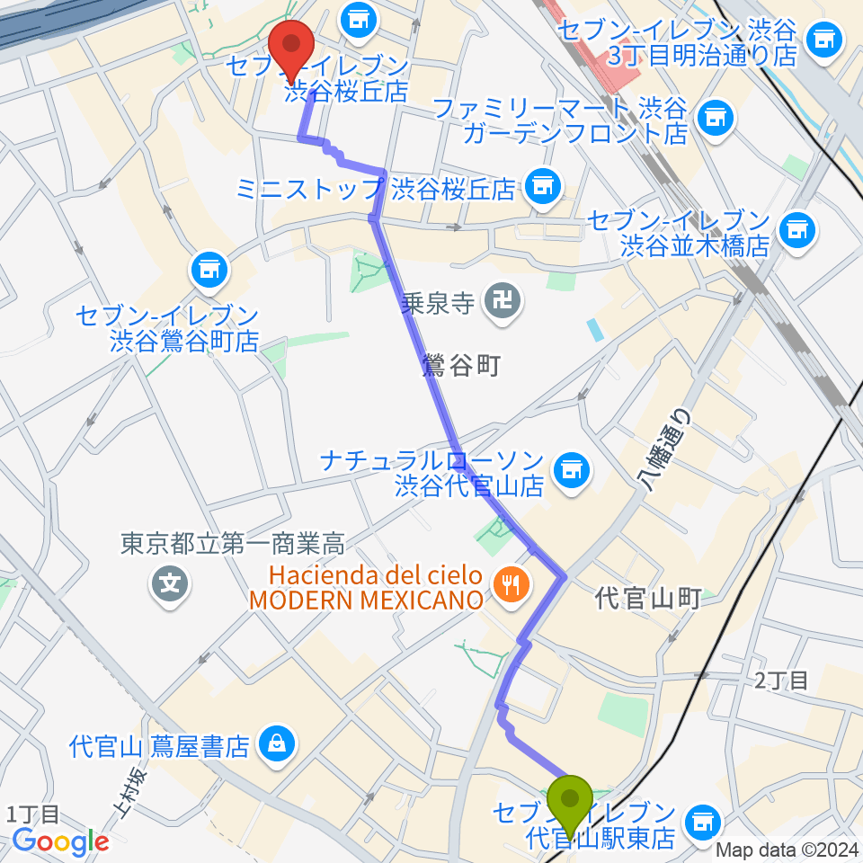 代官山駅からコスモプラネタリウム渋谷へのルートマップ地図