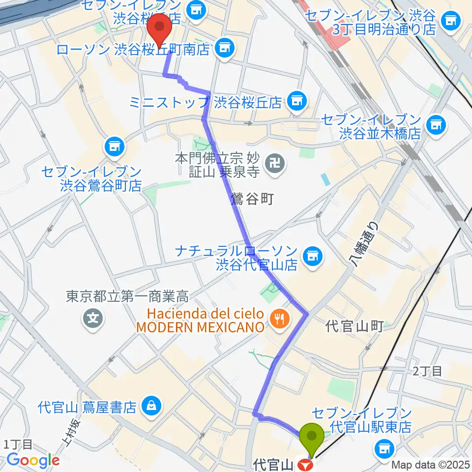 代官山駅からコスモプラネタリウム渋谷へのルートマップ地図