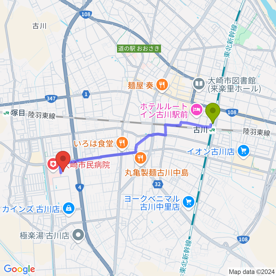 古川駅からパレットおおさきへのルートマップ地図