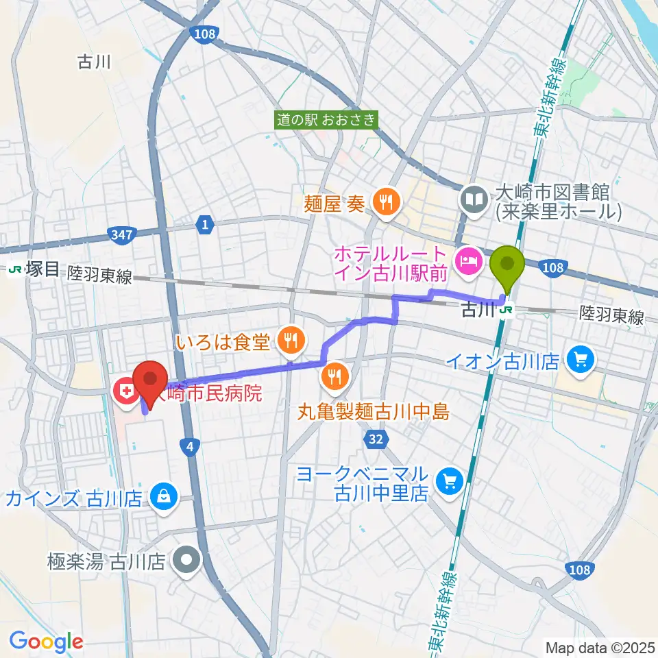 古川駅からパレットおおさきへのルートマップ地図