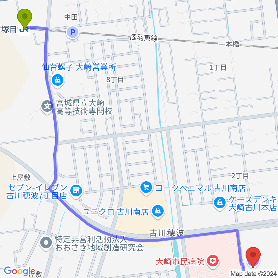 パレットおおさきの最寄駅塚目駅からの徒歩ルート（約18分）地図