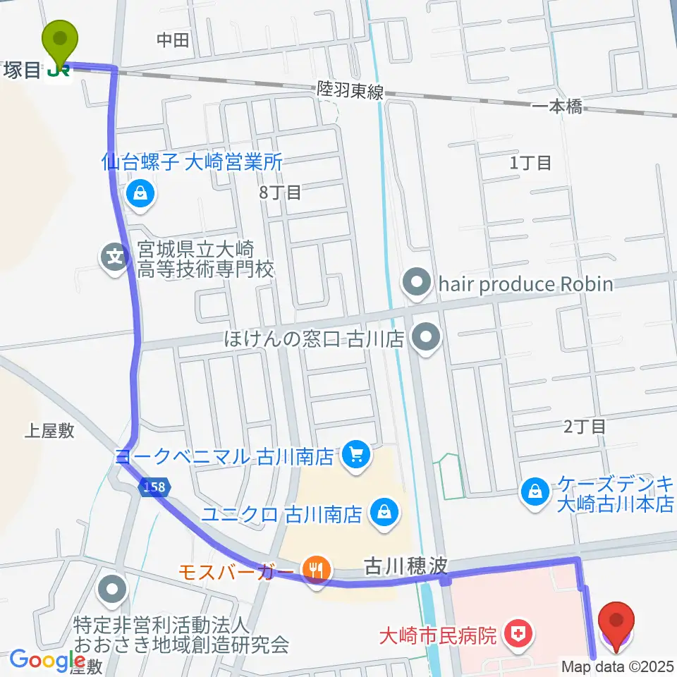 パレットおおさきの最寄駅塚目駅からの徒歩ルート（約18分）地図