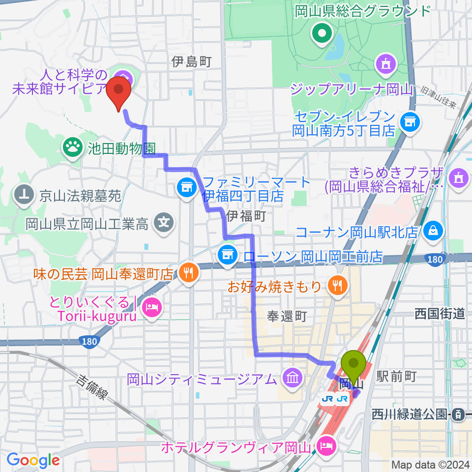 岡山駅から人と科学の未来館サイピアへのルートマップ地図