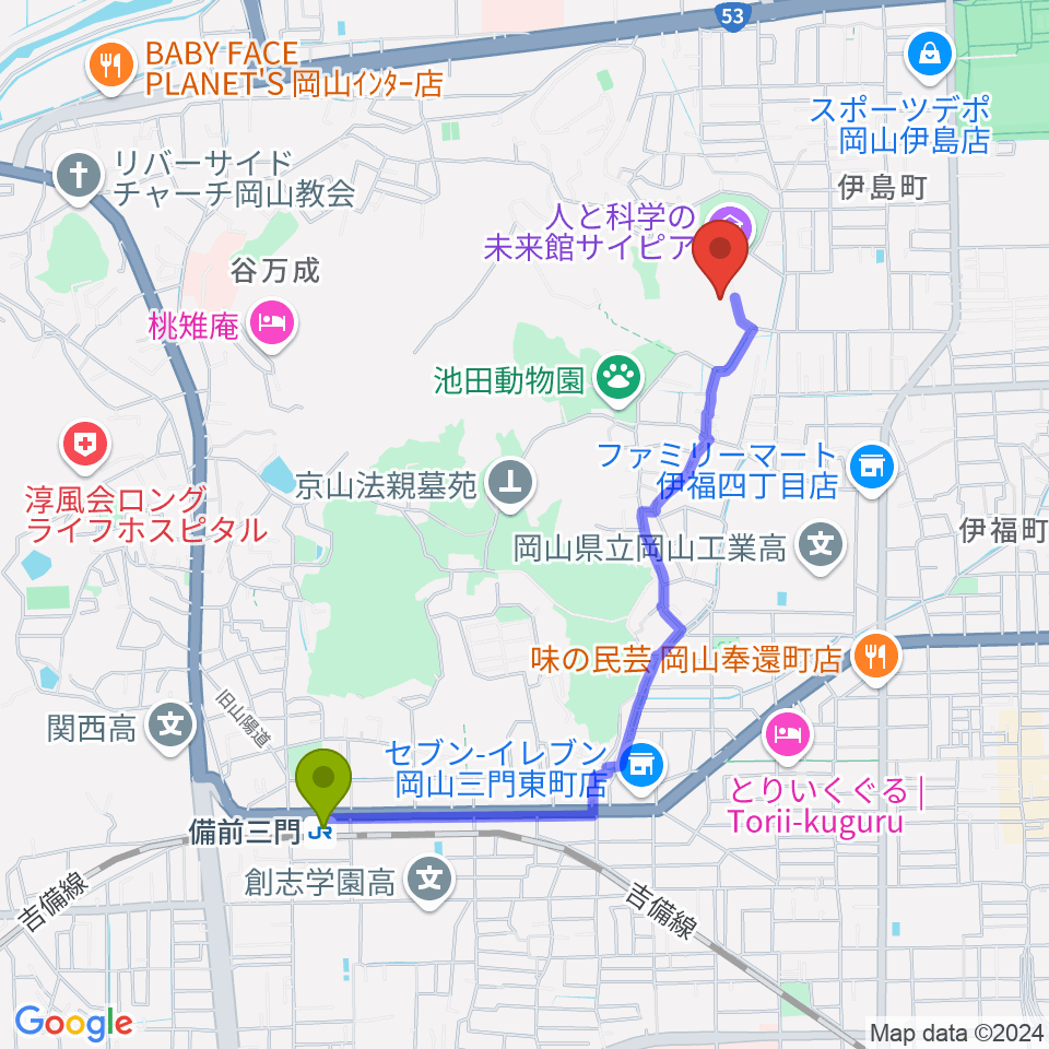 人と科学の未来館サイピアの最寄駅備前三門駅からの徒歩ルート（約20分）地図