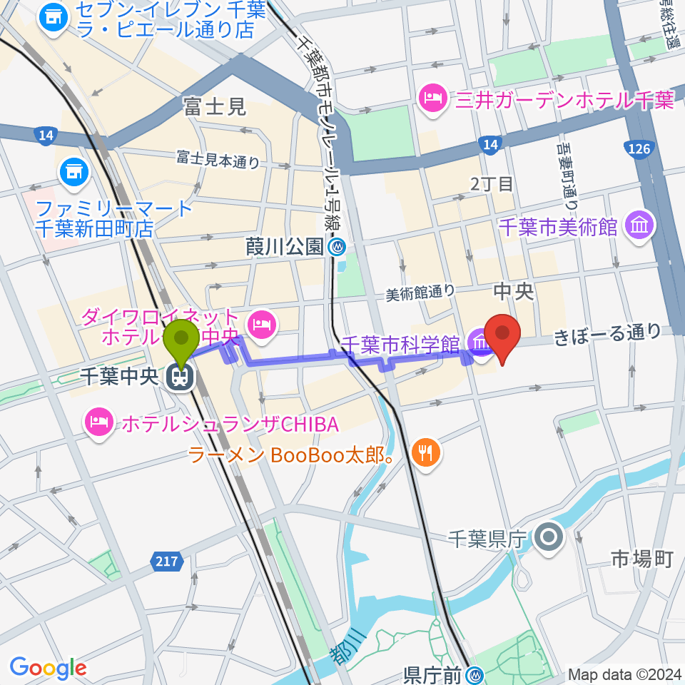 千葉中央駅から千葉市科学館へのルートマップ地図