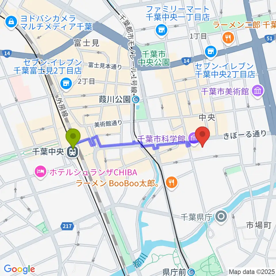 千葉中央駅から千葉市科学館へのルートマップ地図