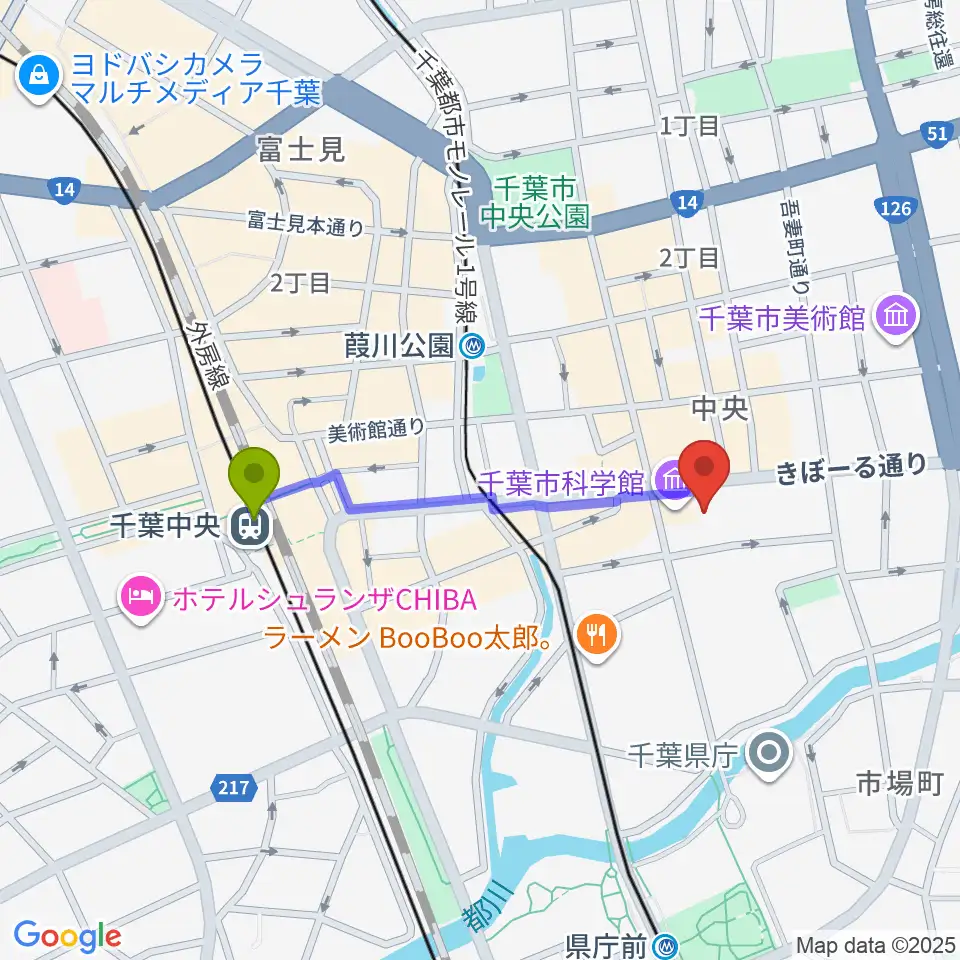 千葉中央駅から千葉市科学館へのルートマップ地図