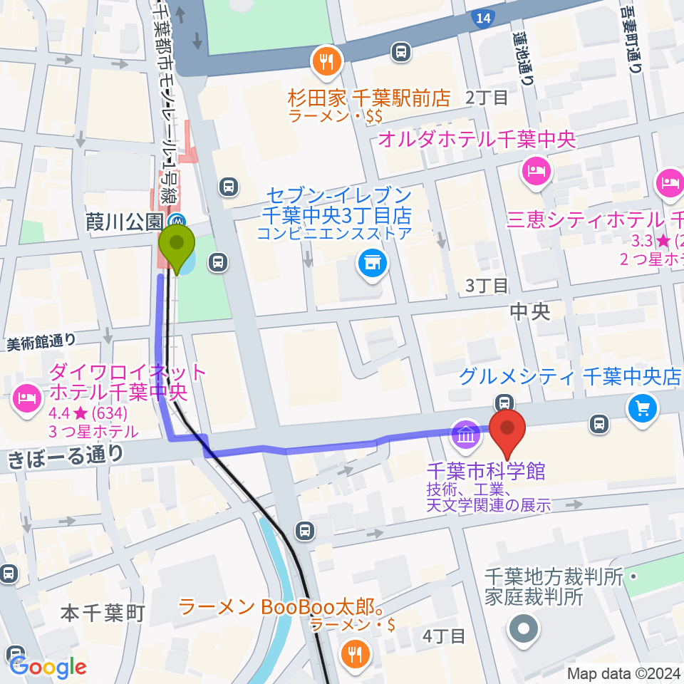 千葉市科学館の最寄駅葭川公園駅からの徒歩ルート（約4分）地図