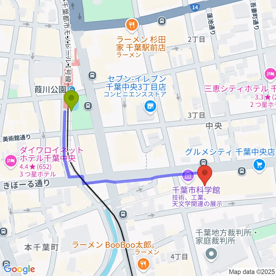 千葉市科学館の最寄駅葭川公園駅からの徒歩ルート（約4分）地図