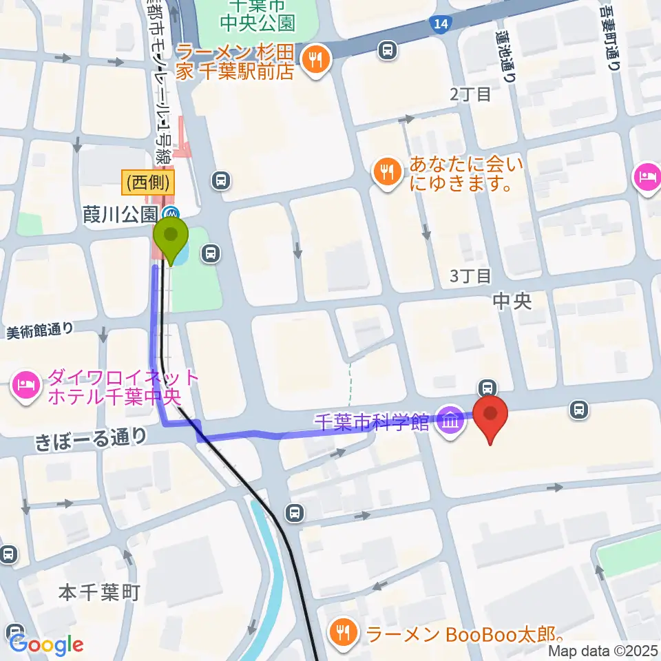 千葉市科学館の最寄駅葭川公園駅からの徒歩ルート（約4分）地図
