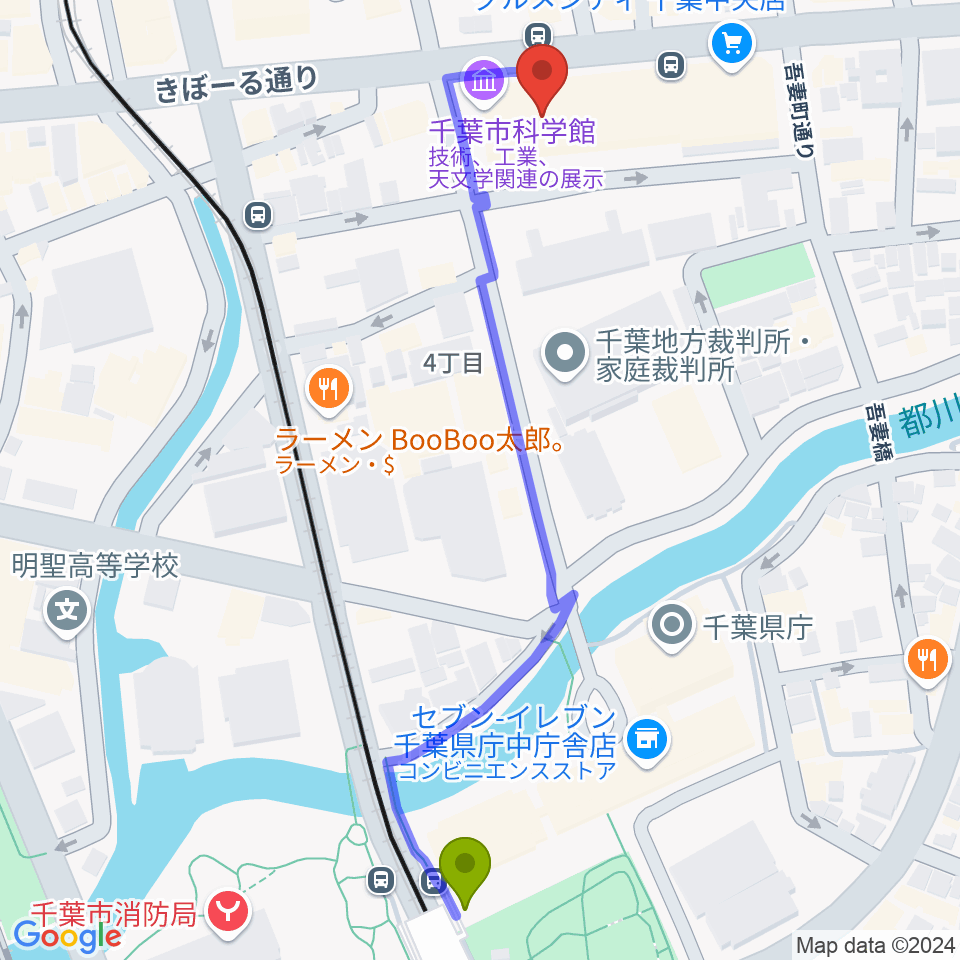 県庁前駅から千葉市科学館へのルートマップ地図