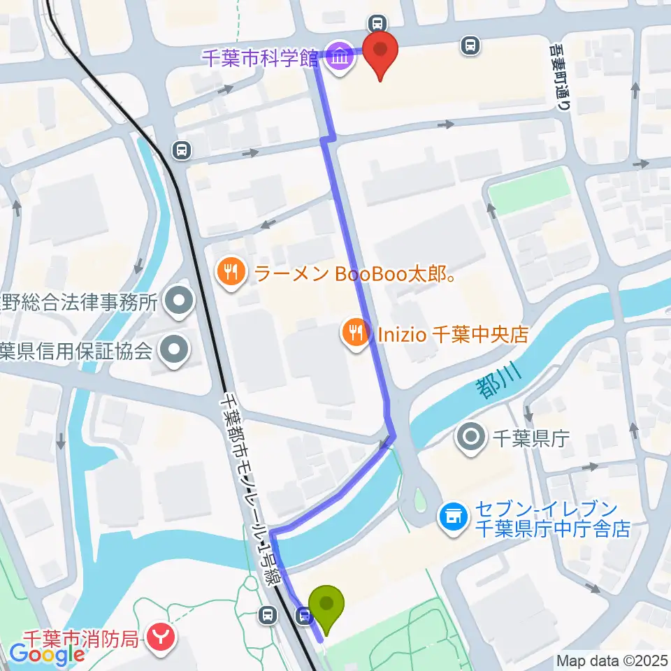 県庁前駅から千葉市科学館へのルートマップ地図