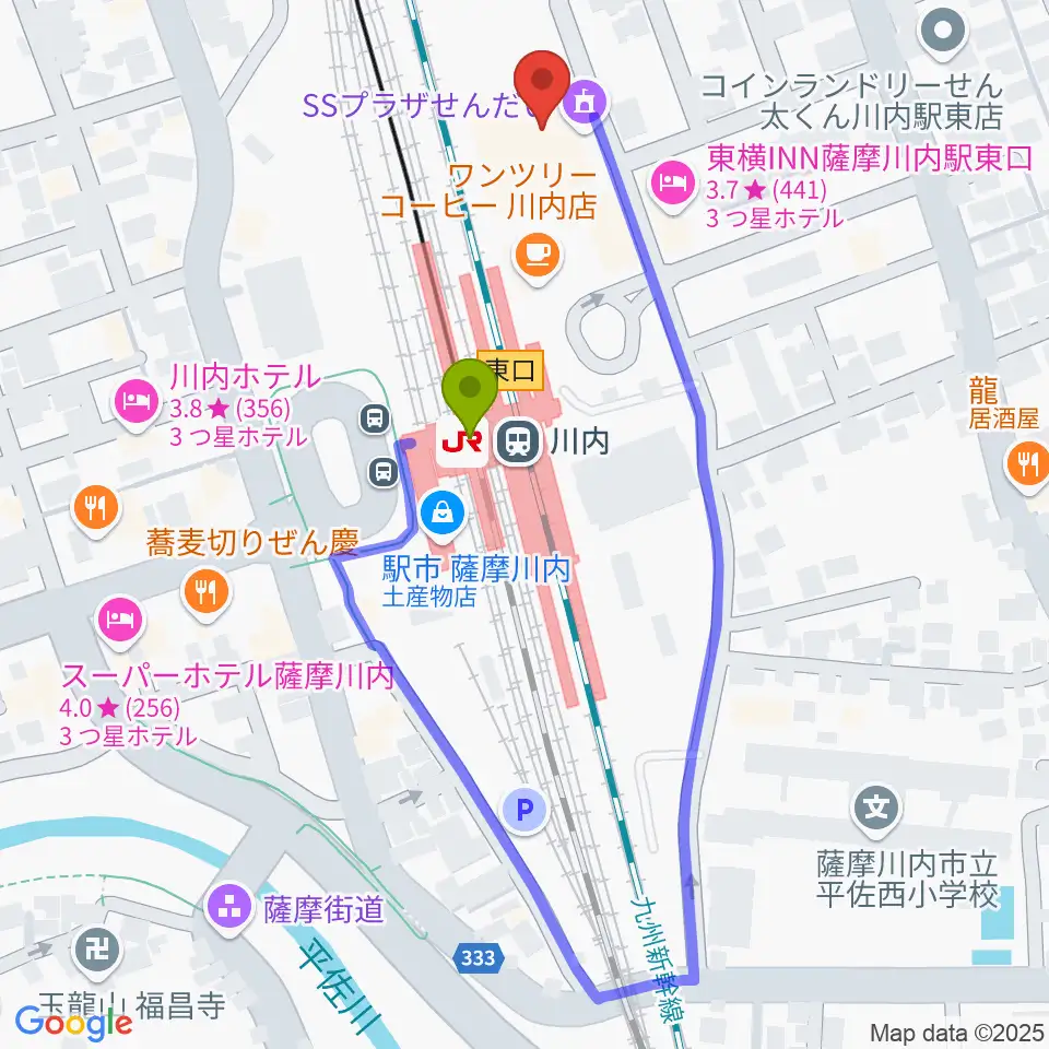 SSプラザせんだいの最寄駅川内駅からの徒歩ルート（約2分）地図