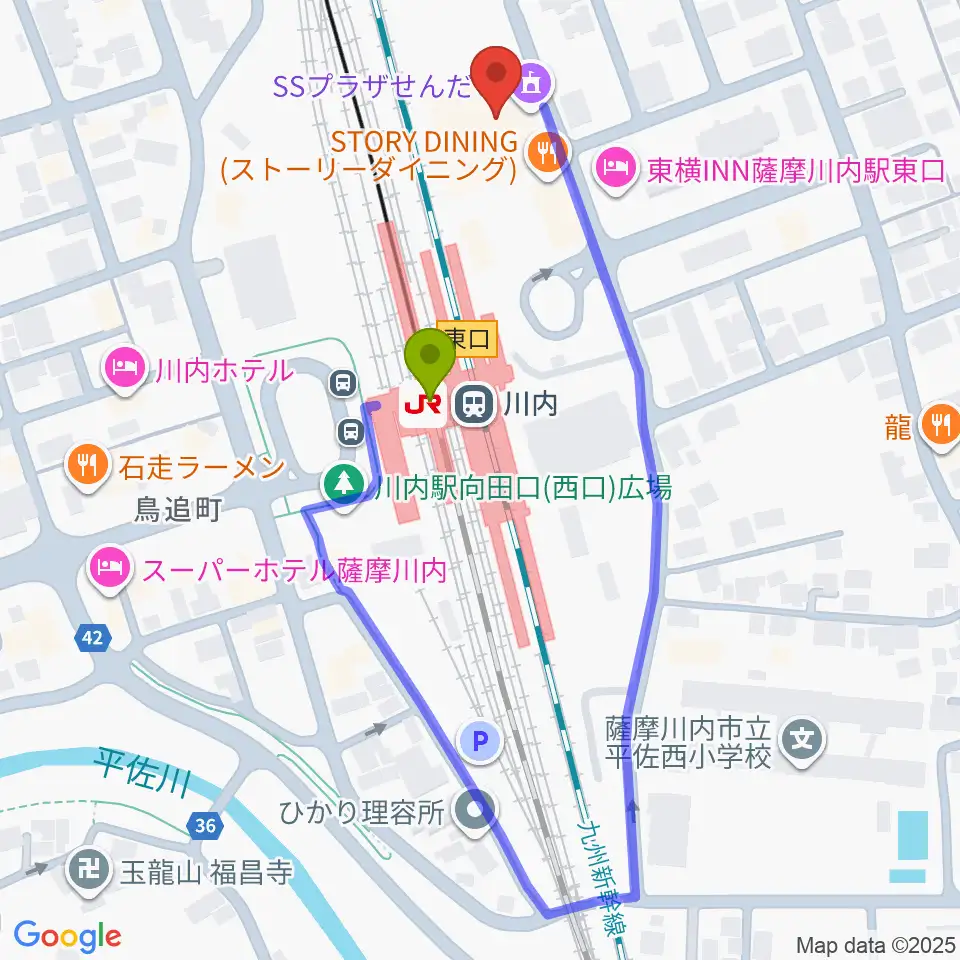 SSプラザせんだいの最寄駅川内駅からの徒歩ルート（約2分）地図