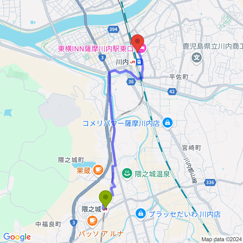 隈之城駅からSSプラザせんだいへのルートマップ地図