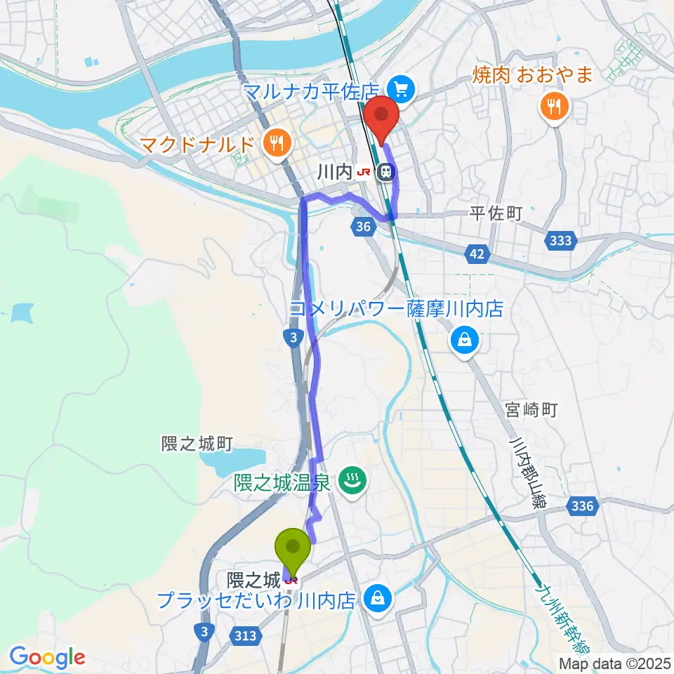 隈之城駅からSSプラザせんだいへのルートマップ地図