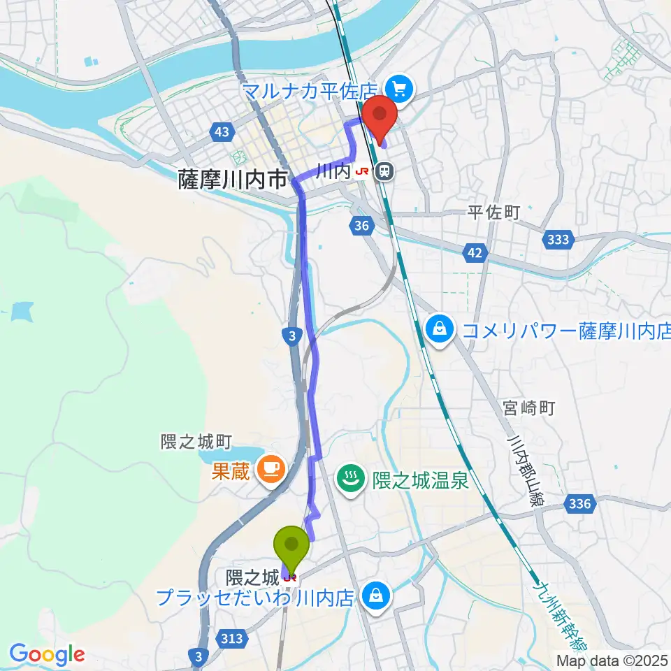 隈之城駅からSSプラザせんだいへのルートマップ地図