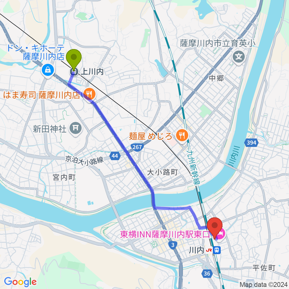 上川内駅からSSプラザせんだいへのルートマップ地図