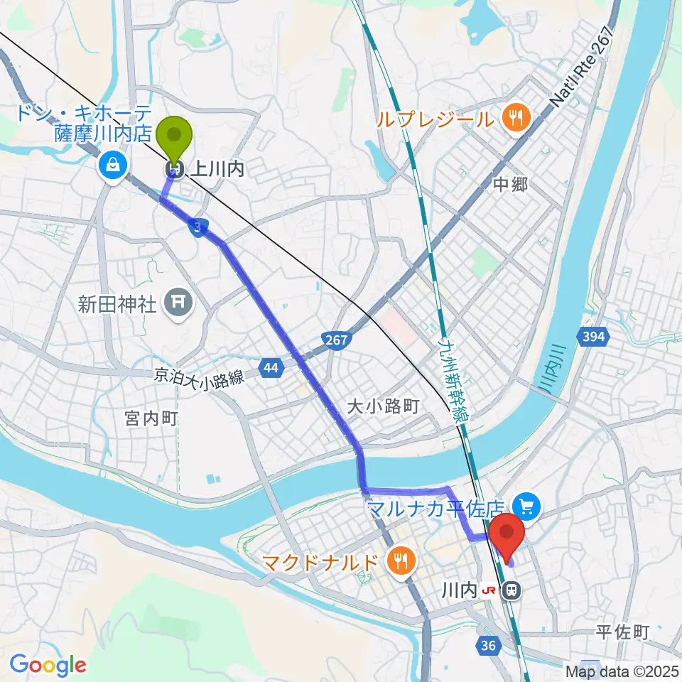 上川内駅からSSプラザせんだいへのルートマップ地図