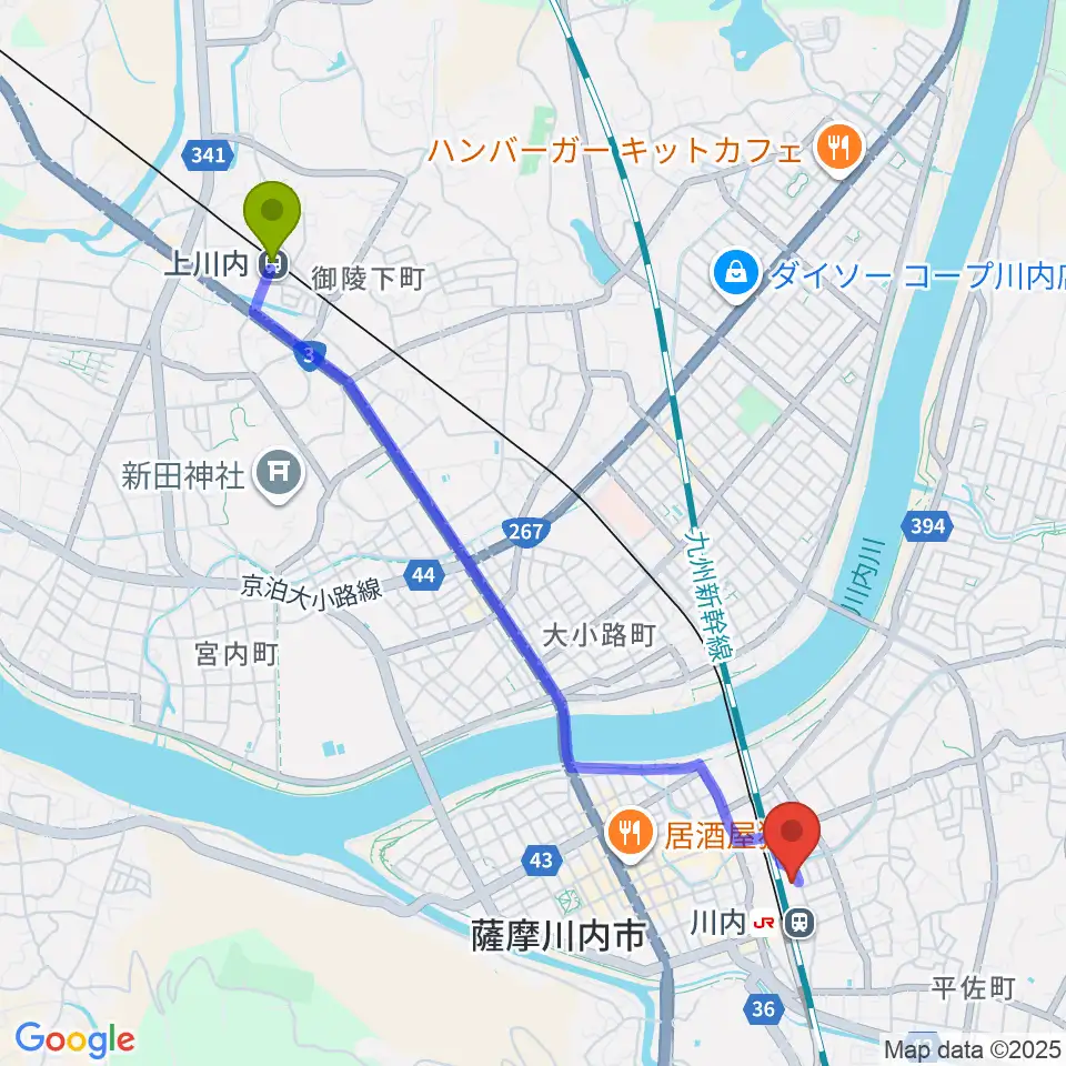 上川内駅からSSプラザせんだいへのルートマップ地図