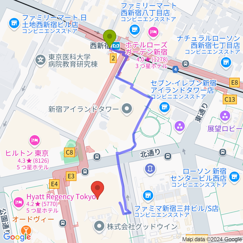 西新宿駅から新宿住友ビル三角広場へのルートマップ地図