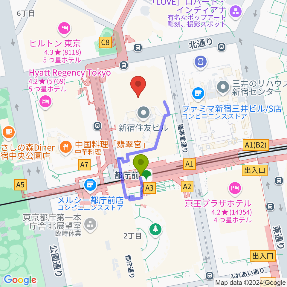 新宿住友ビル三角広場の最寄駅都庁前駅からの徒歩ルート（約2分）地図