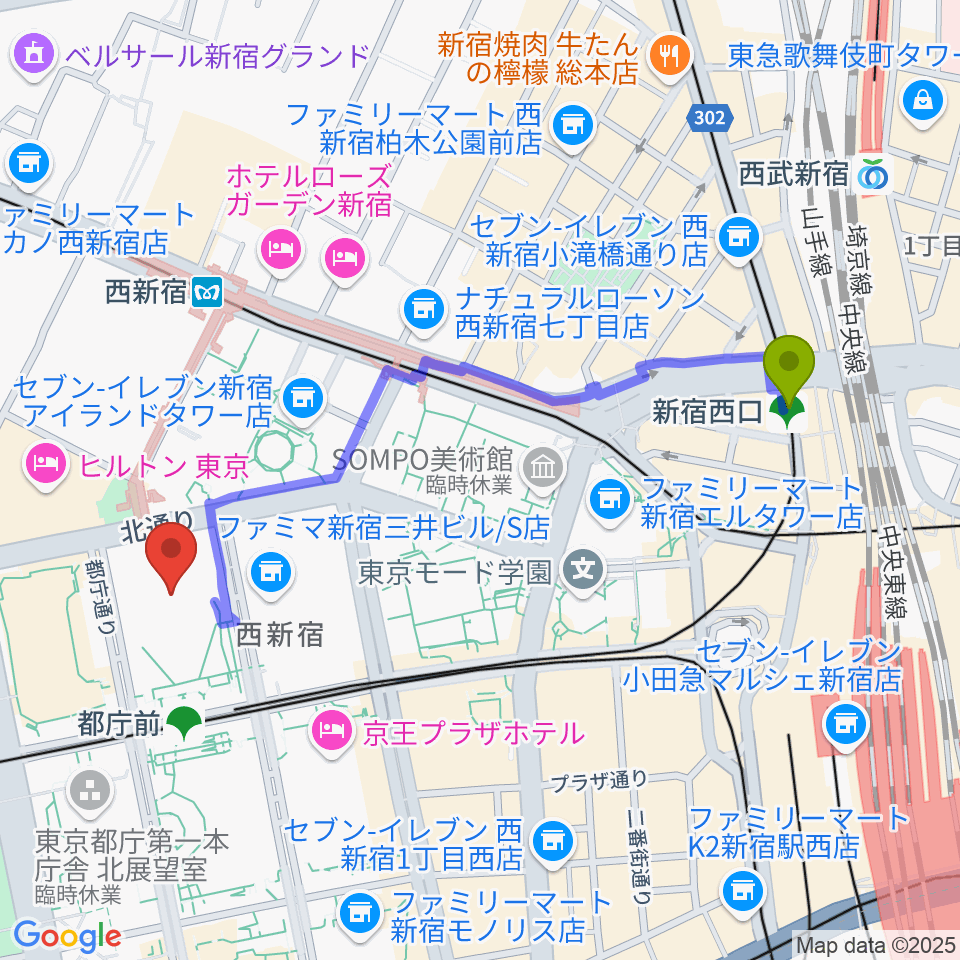 新宿西口駅から新宿住友ビル三角広場へのルートマップ地図