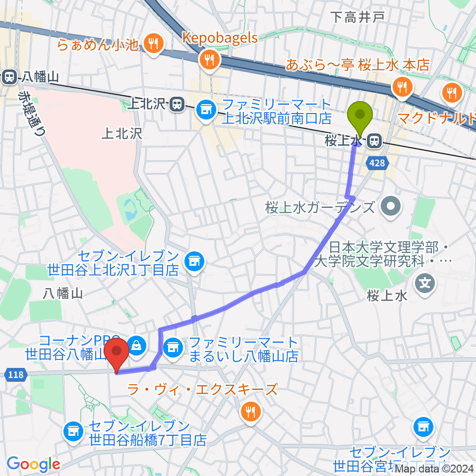 桜上水駅からアップス（希望丘青少年交流センター）へのルートマップ地図