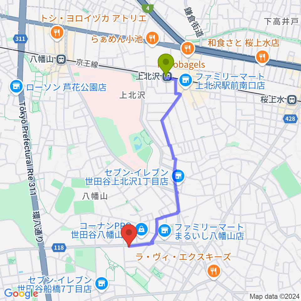 アップス（希望丘青少年交流センター）の最寄駅上北沢駅からの徒歩ルート（約18分）地図