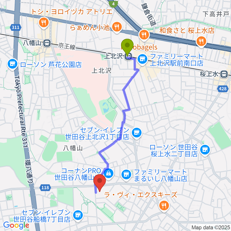 アップス 希望丘青少年交流センターの最寄駅上北沢駅からの徒歩ルート（約19分）地図