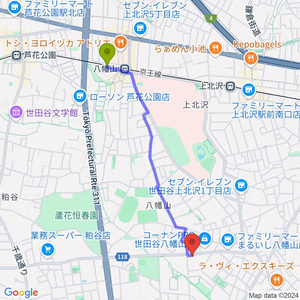 八幡山駅からアップス（希望丘青少年交流センター）へのルートマップ地図