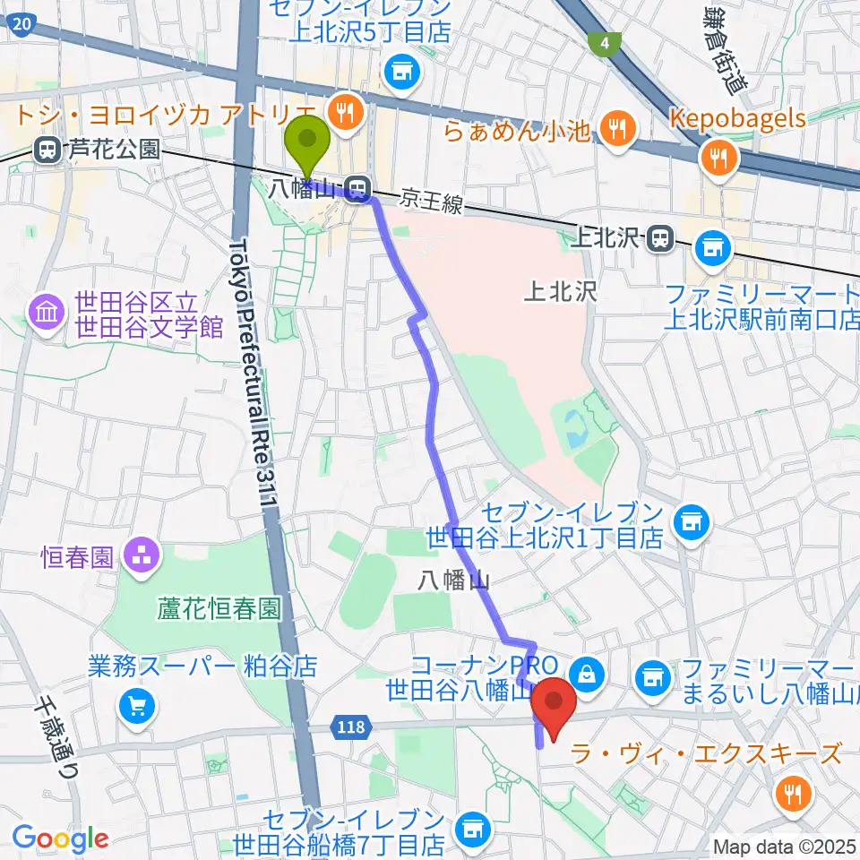 八幡山駅からアップス 希望丘青少年交流センターへのルートマップ地図