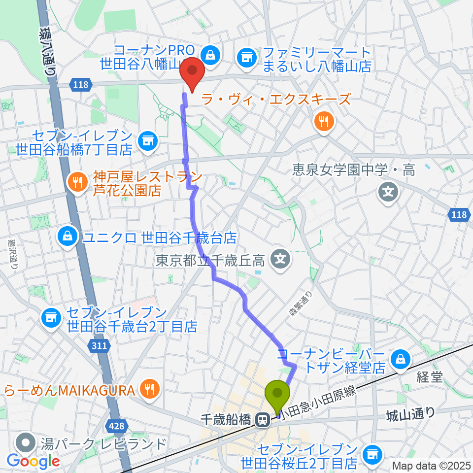 千歳船橋駅からアップス 希望丘青少年交流センターへのルートマップ地図