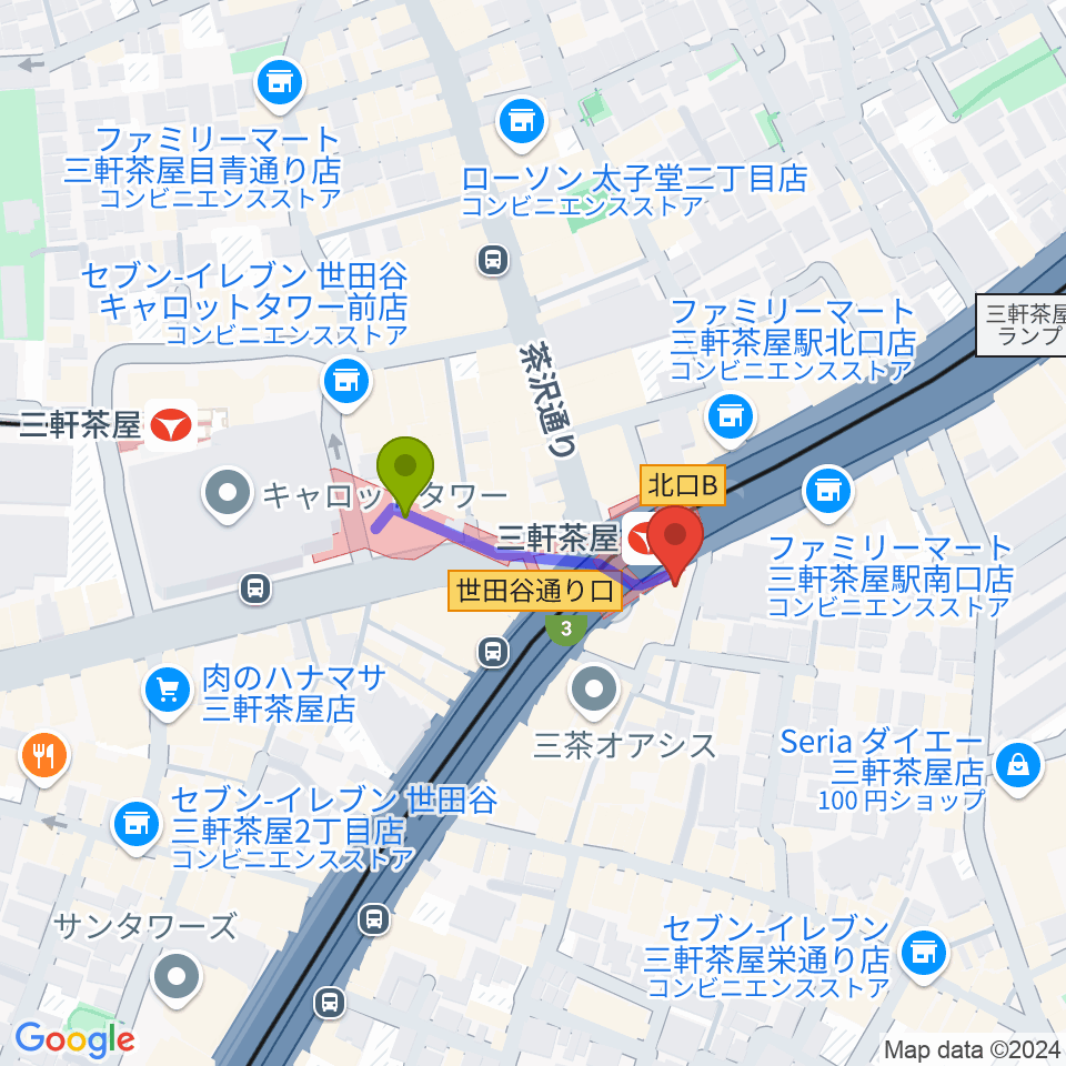 スタジオクレッセの最寄駅三軒茶屋駅からの徒歩ルート（約2分）地図