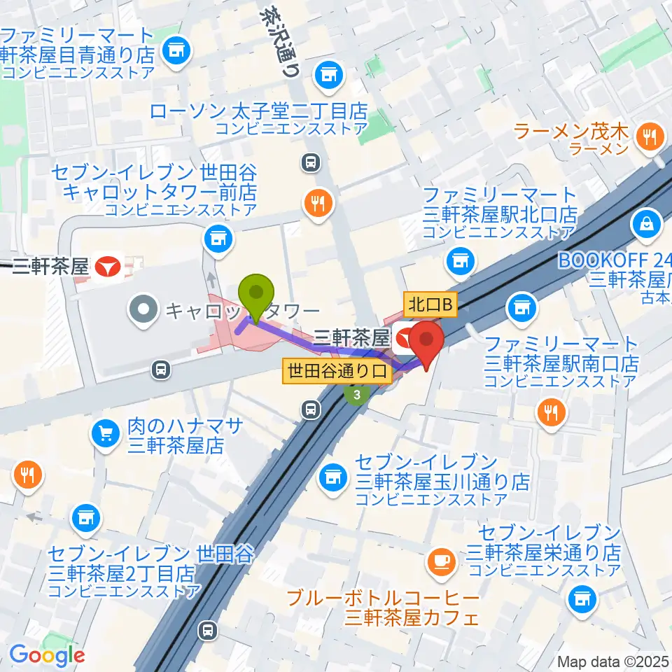 スタジオクレッセの最寄駅三軒茶屋駅からの徒歩ルート（約2分）地図