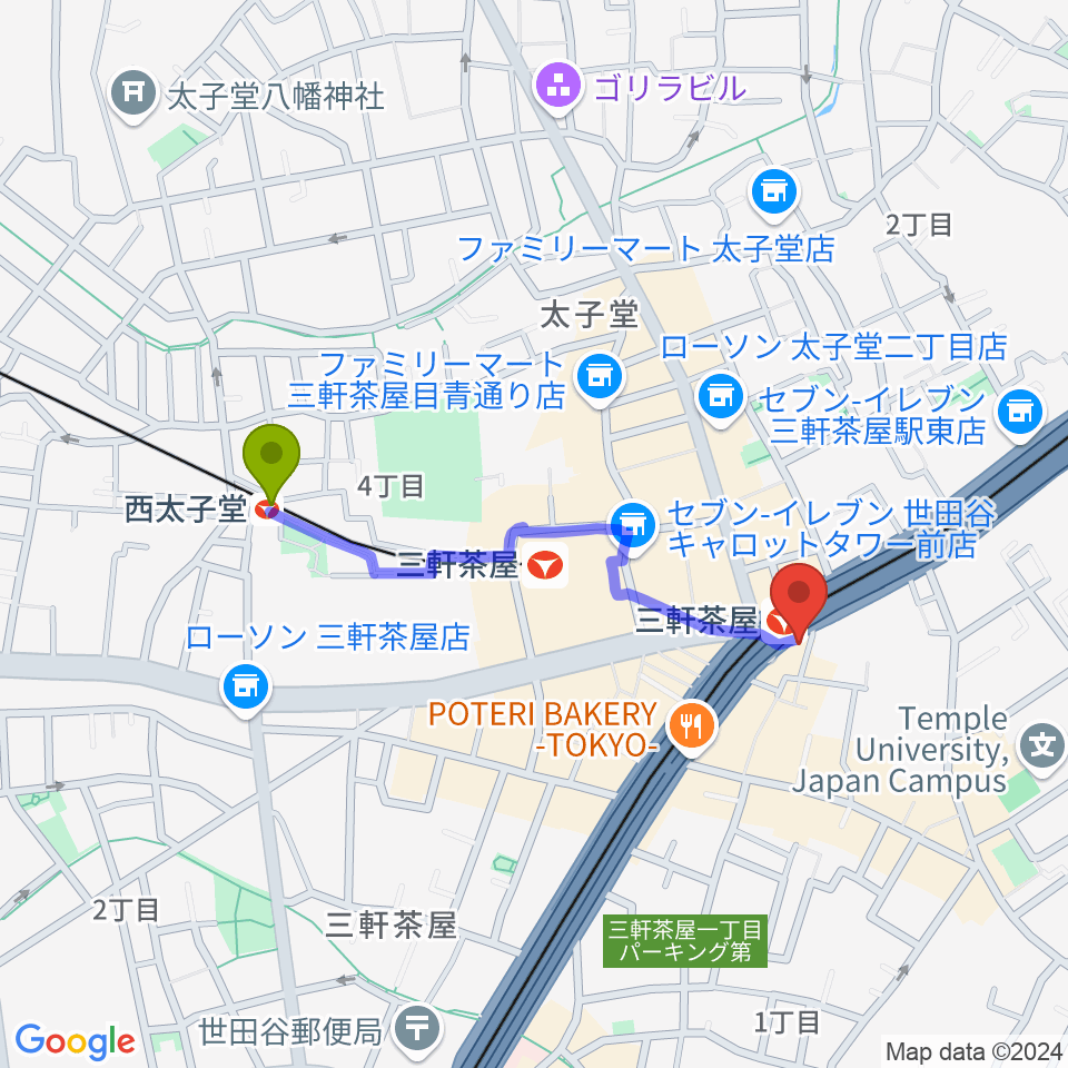 西太子堂駅からスタジオクレッセへのルートマップ地図