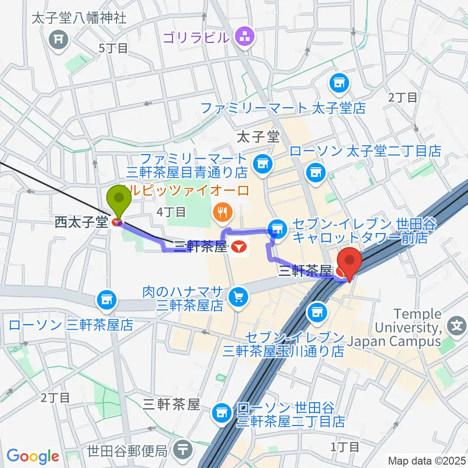 西太子堂駅からスタジオクレッセへのルートマップ地図