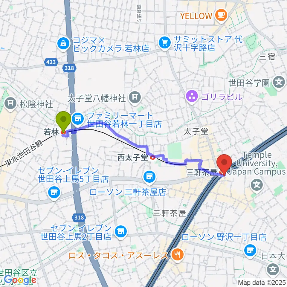 若林駅からスタジオクレッセへのルートマップ地図