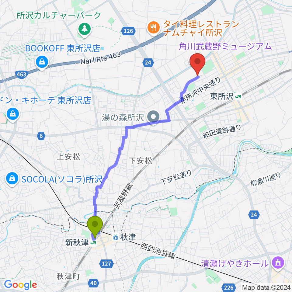 新秋津駅からところざわサクラタウン・ジャパンパビリオンへのルートマップ地図