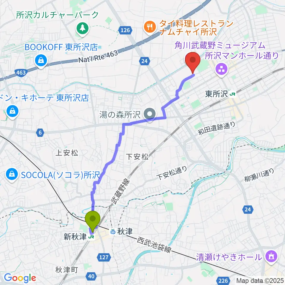 新秋津駅からところざわサクラタウン・ジャパンパビリオンへのルートマップ地図